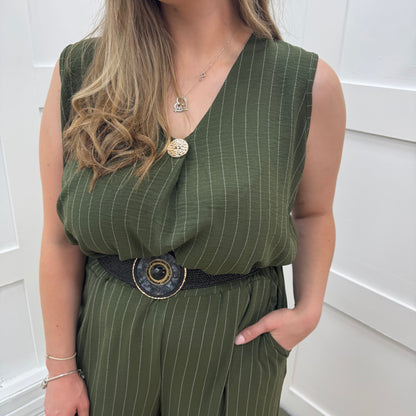 Sasha: Khaki pinstripe v neck top. One size: 16-22