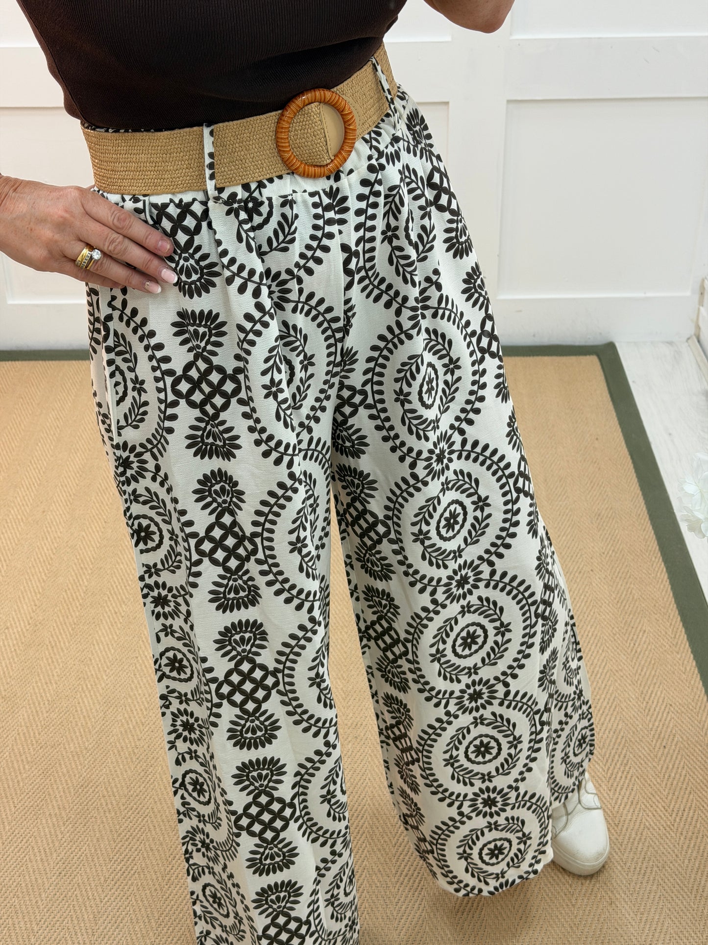 Florrie: Floral wide leg belted trousers. One size: 10-16. 2 colours