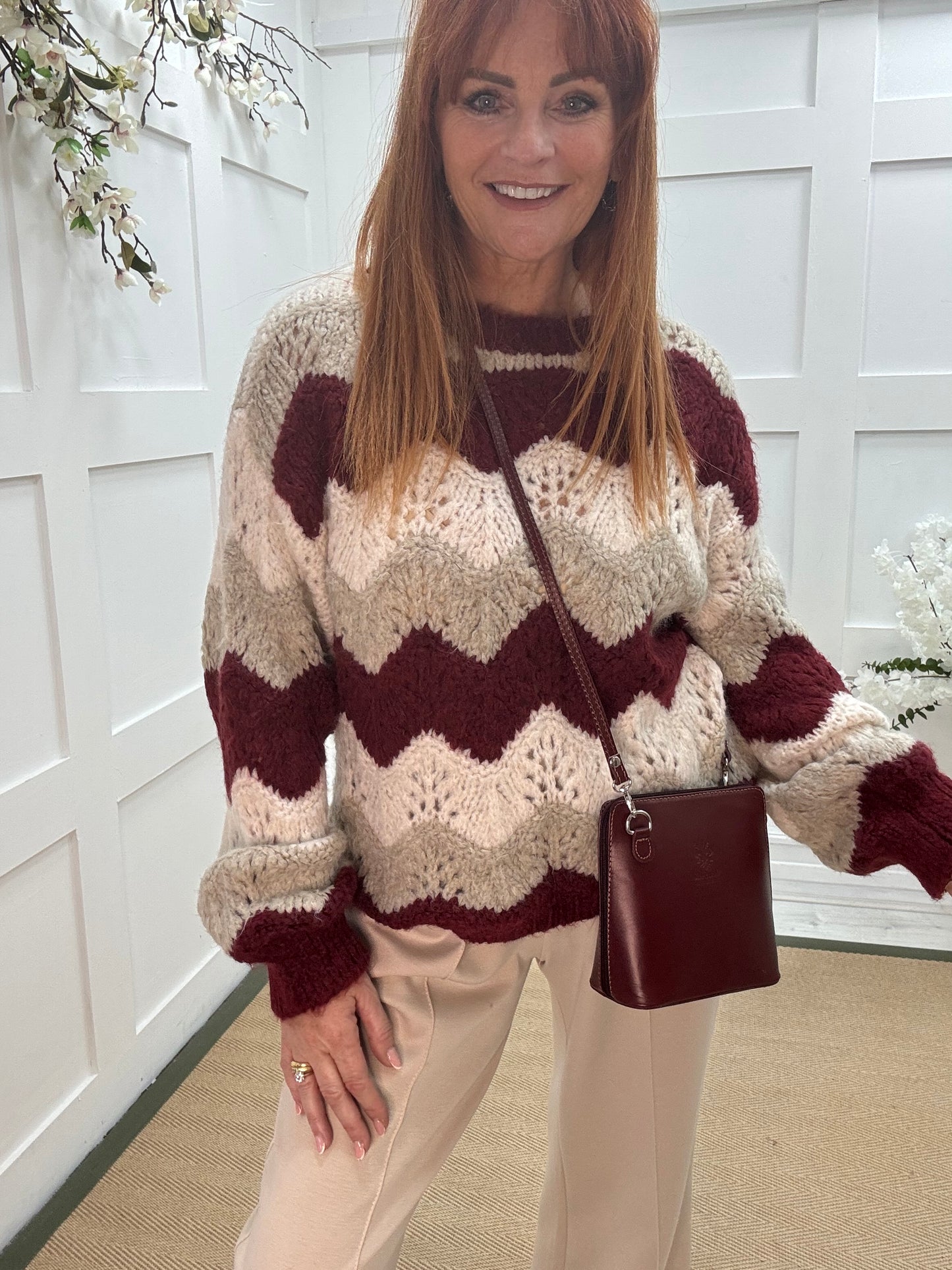 Zandra: Burgundy zigzag knit jumper. One size 12-20