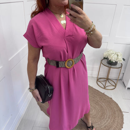 Azora: Pink V neck belted midi dress. One size 10-18