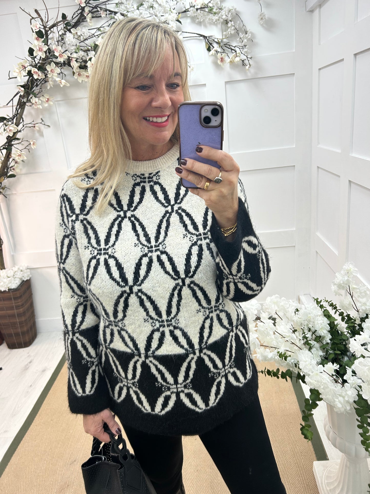 Macey: Cream & black pattern wool top. One size: 12-18