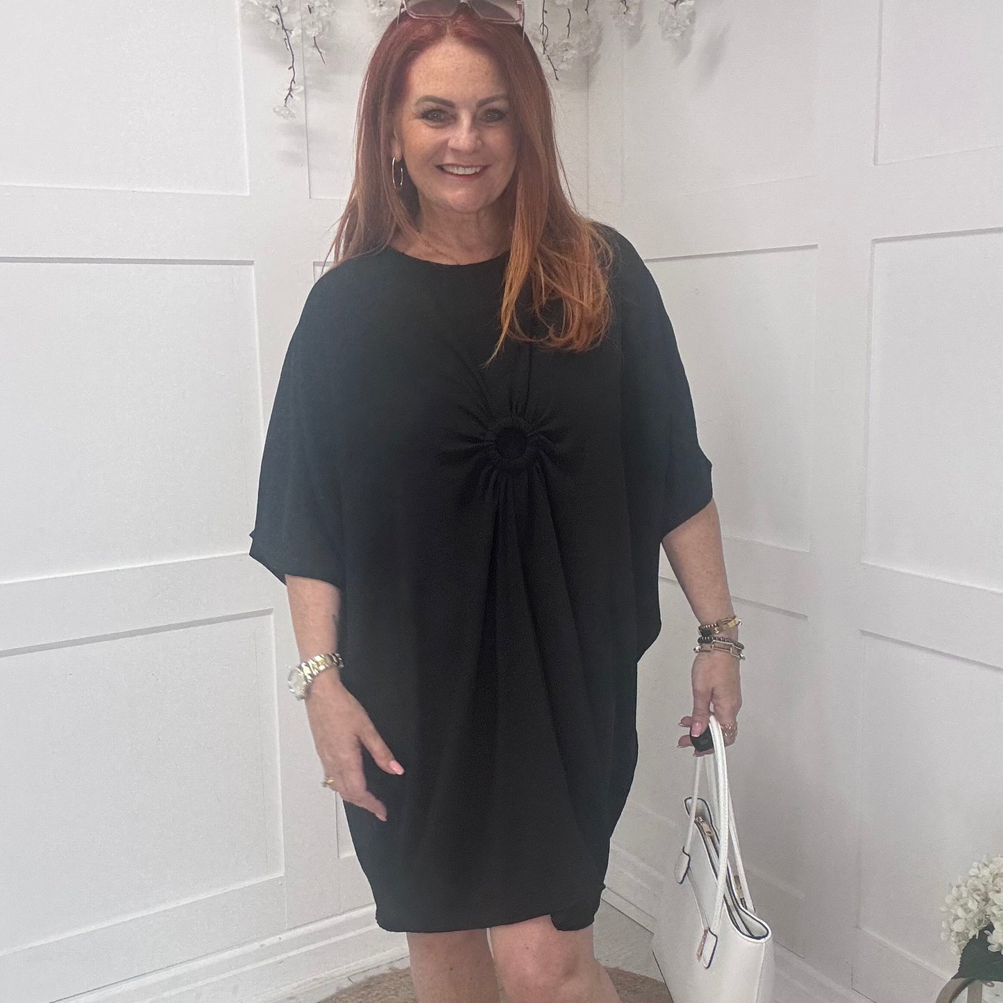 Stacey: Black ring detail tunic dress. One size: 12-22