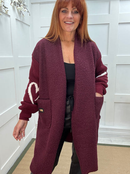 Kara: Burgundy boucle long edge to edge coat. One size 10 - 18
