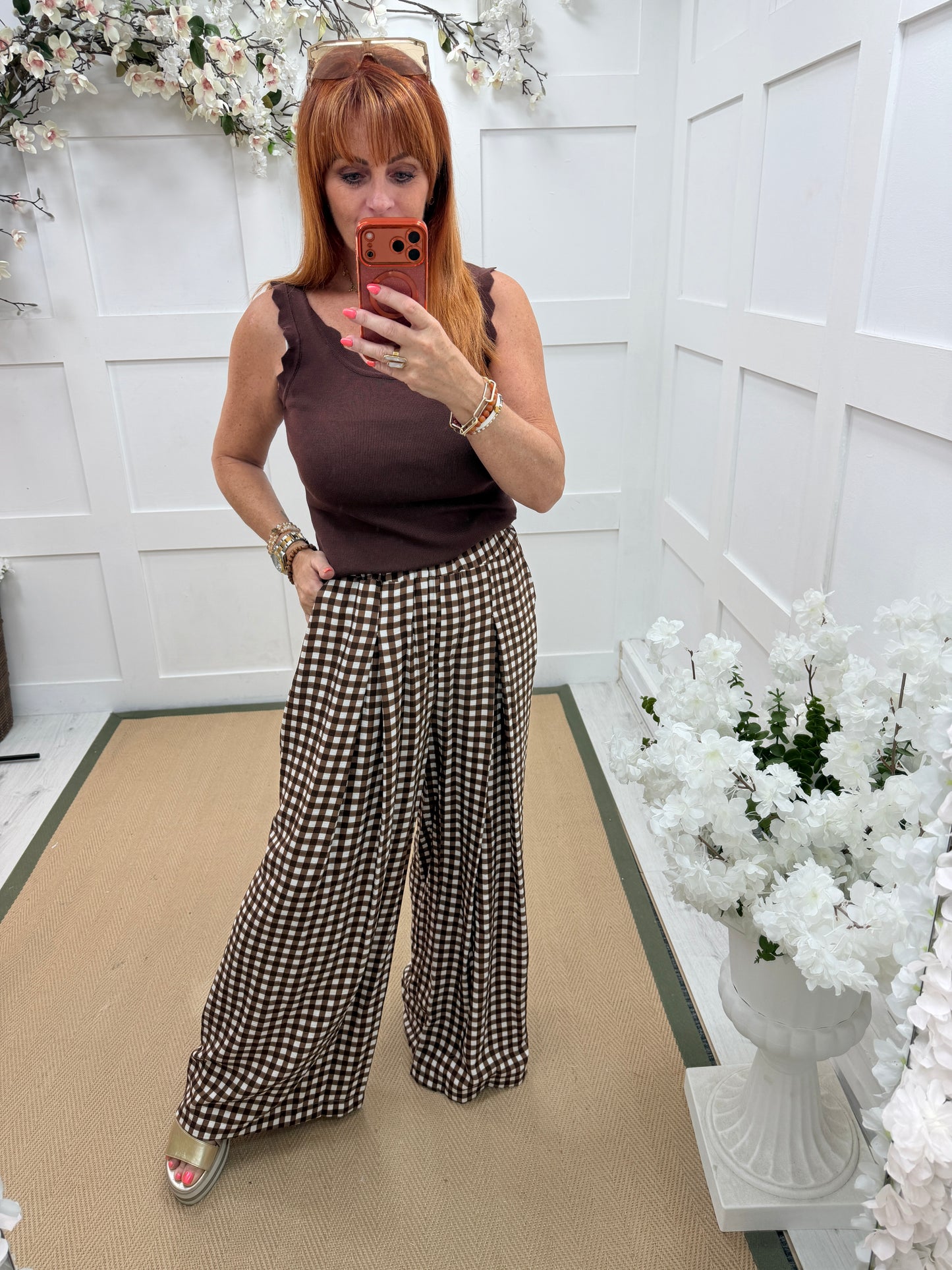 Cheri: Check wide leg patterned trousers. One size: 10-16. 2 colours