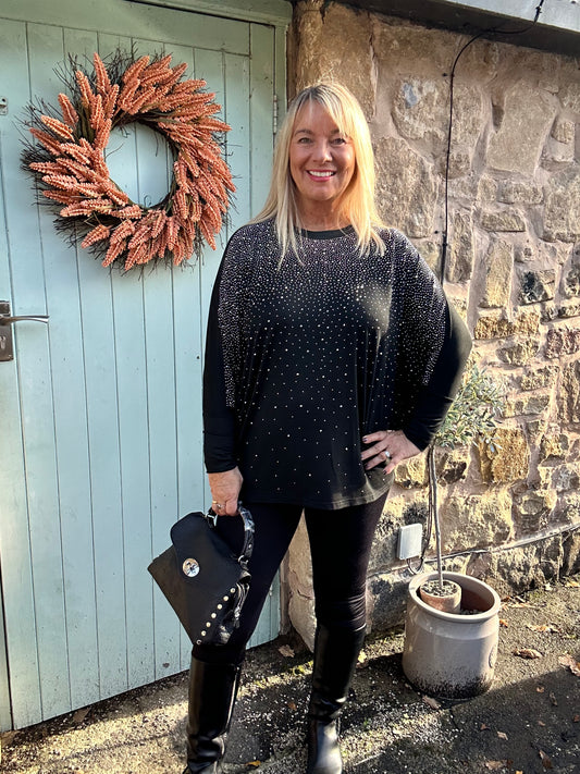 Chrissy: Black & diamanté long sleeve top. One size: 14-22