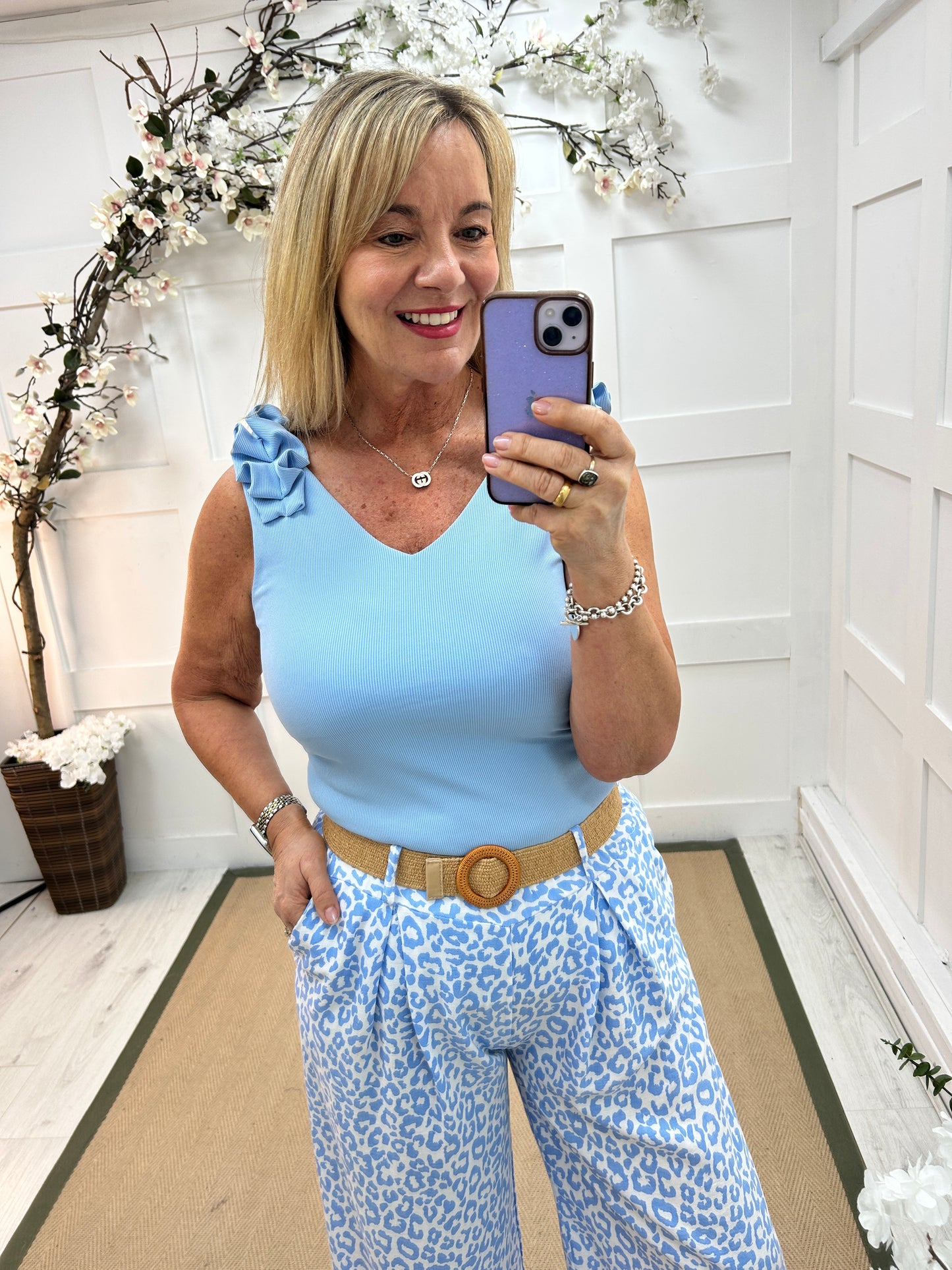 Ruthy: Ruffle shoulder V neck vest top. One size: 10-16 8 colours