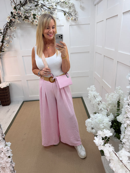 Mia: Baby pink wide leg stripe belted trousers. One size: 10-16