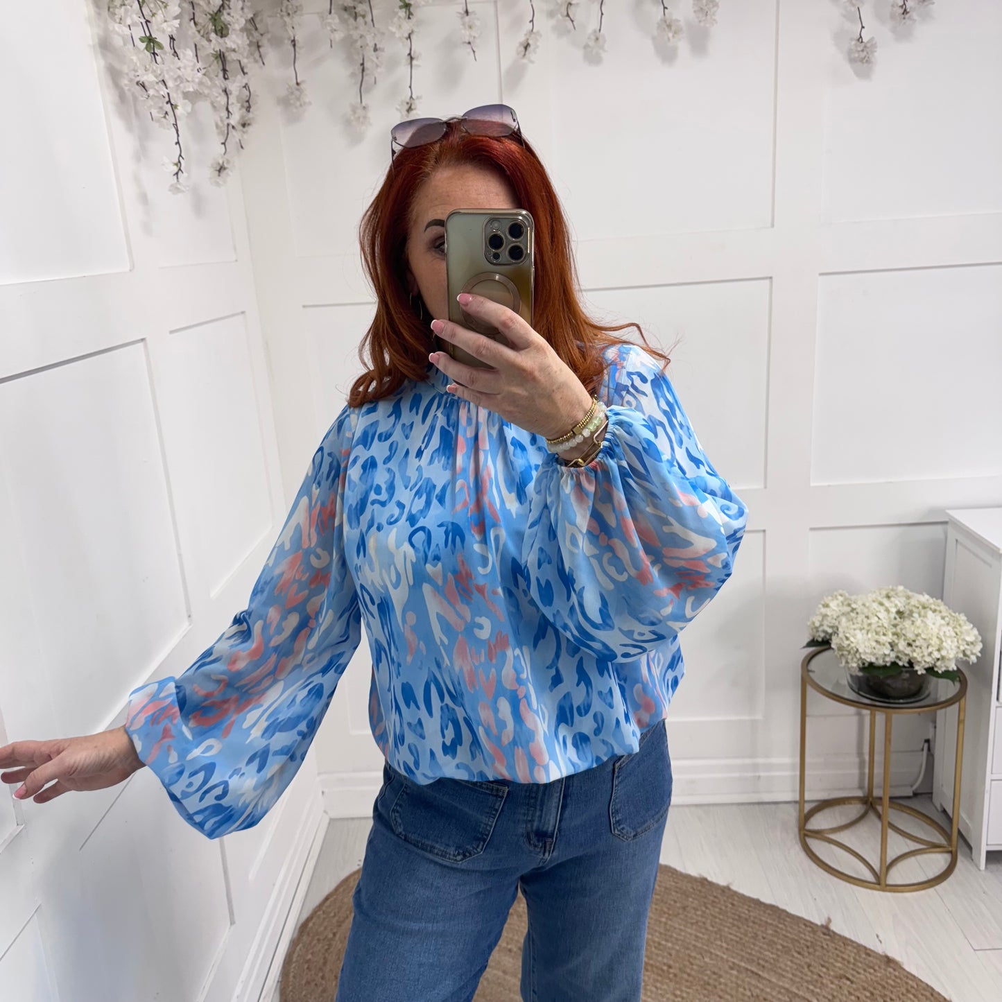 Holly: Baby blue & pink leopard print top. One size: 12-18
