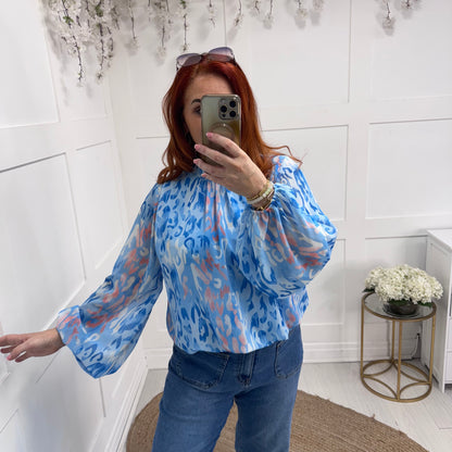 Holly: Baby blue & pink leopard print top. One size: 12-18