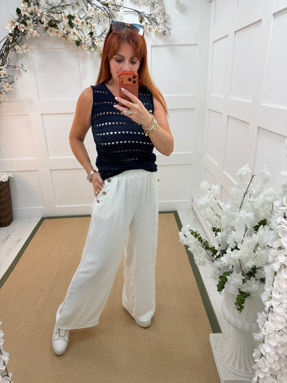 Bethany: Buttoned wide leg trousers with pockets. One size: 10-16. 2 colours