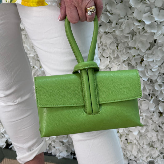 Alexis: Lime green leather loop handle cross body/clutch bag.
