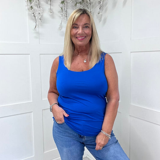 Abigail: Stretchy royal blue basic vest top. 2 sizes