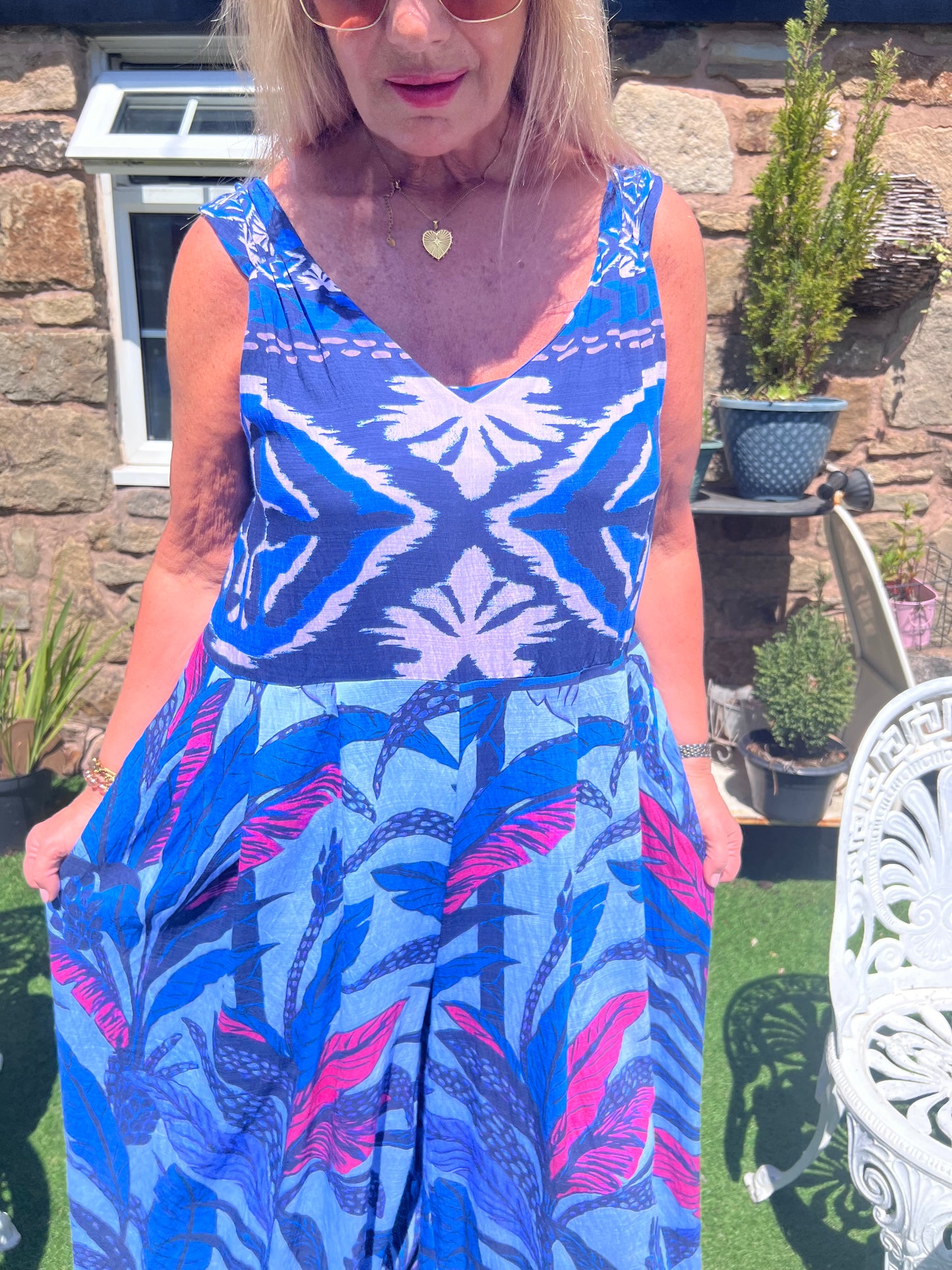 Jodie: Blue & pink tropic print wide leg jumpsuit. One size: 14-20