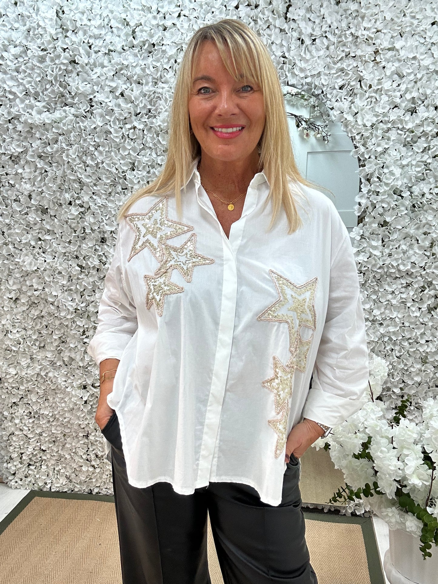 Stella: White sequin star shirt. One size: 16-20