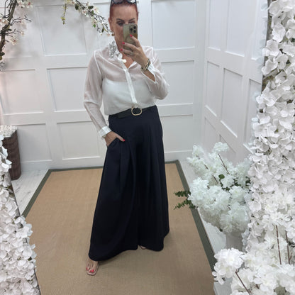 Zina: Navy pocket wide leg trousers. One size: 8-14