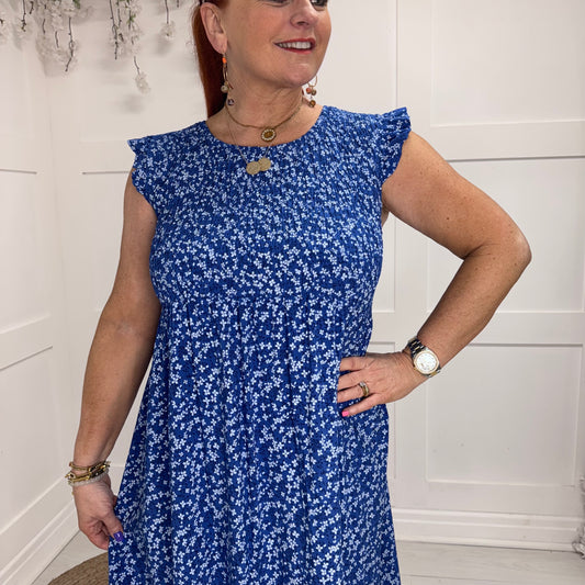 Lexi: Ditsy blue floral midi dress. One size 8-16/18