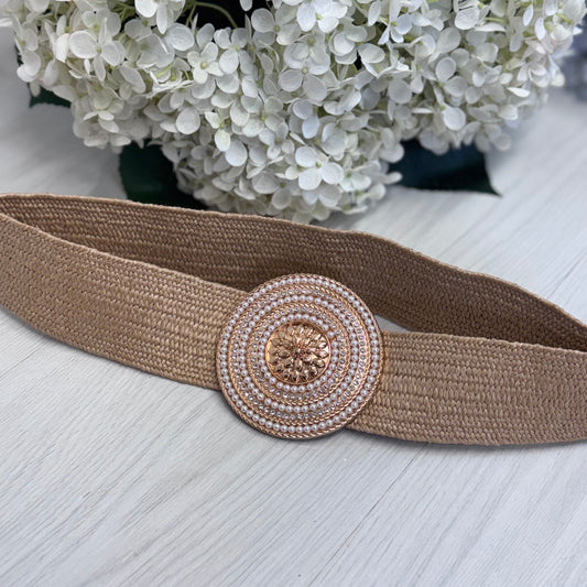 Perla: Beige round gold buckle wide belt. One size: 8-18