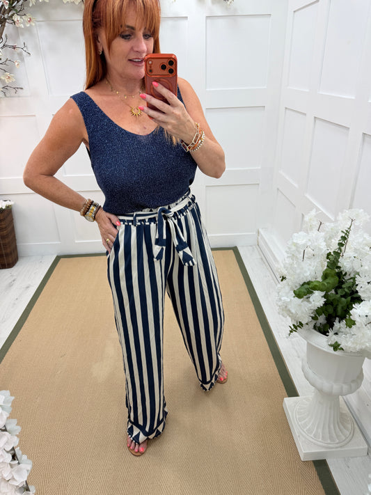 Aven: Navy stripe wide leg trousers. One size: 10-16