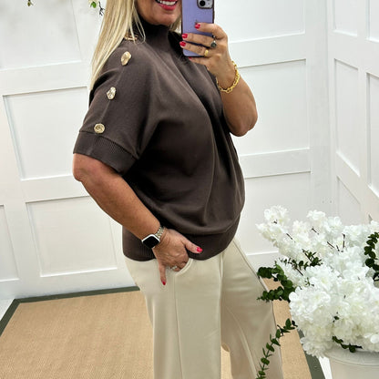 Camille: Brown short sleeve gold button top. One Size 12-20
