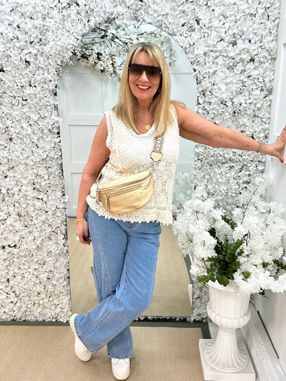 Morgan: Cream floral crochet lace sleeveless top. One size: 12-16