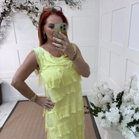 Alexa: Lemon silk layered ruffle dress. One size: 14-18