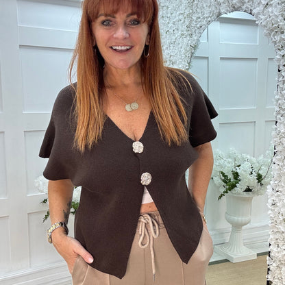 Sammi: Brown V neck gold button top. One size: 10-16