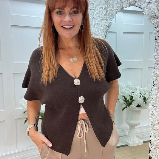 Sammi: Brown V neck gold button top. One size: 10-16