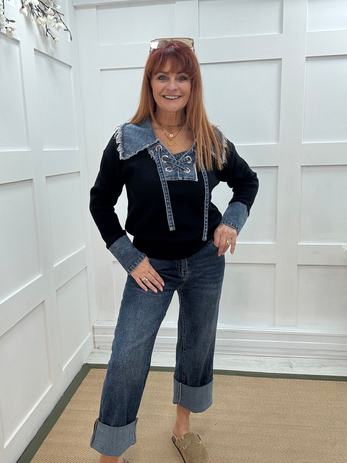 Malin: Black denim collar long sleeve top. One size: 12-18