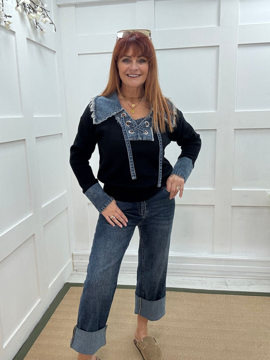 Malin: Black denim collar long sleeve top. One size: 12-18