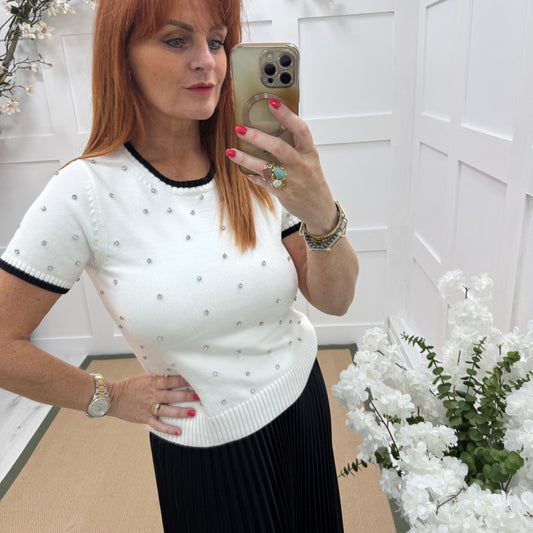 Noelle: White stretchy knit rhinestone top. 2 sizes