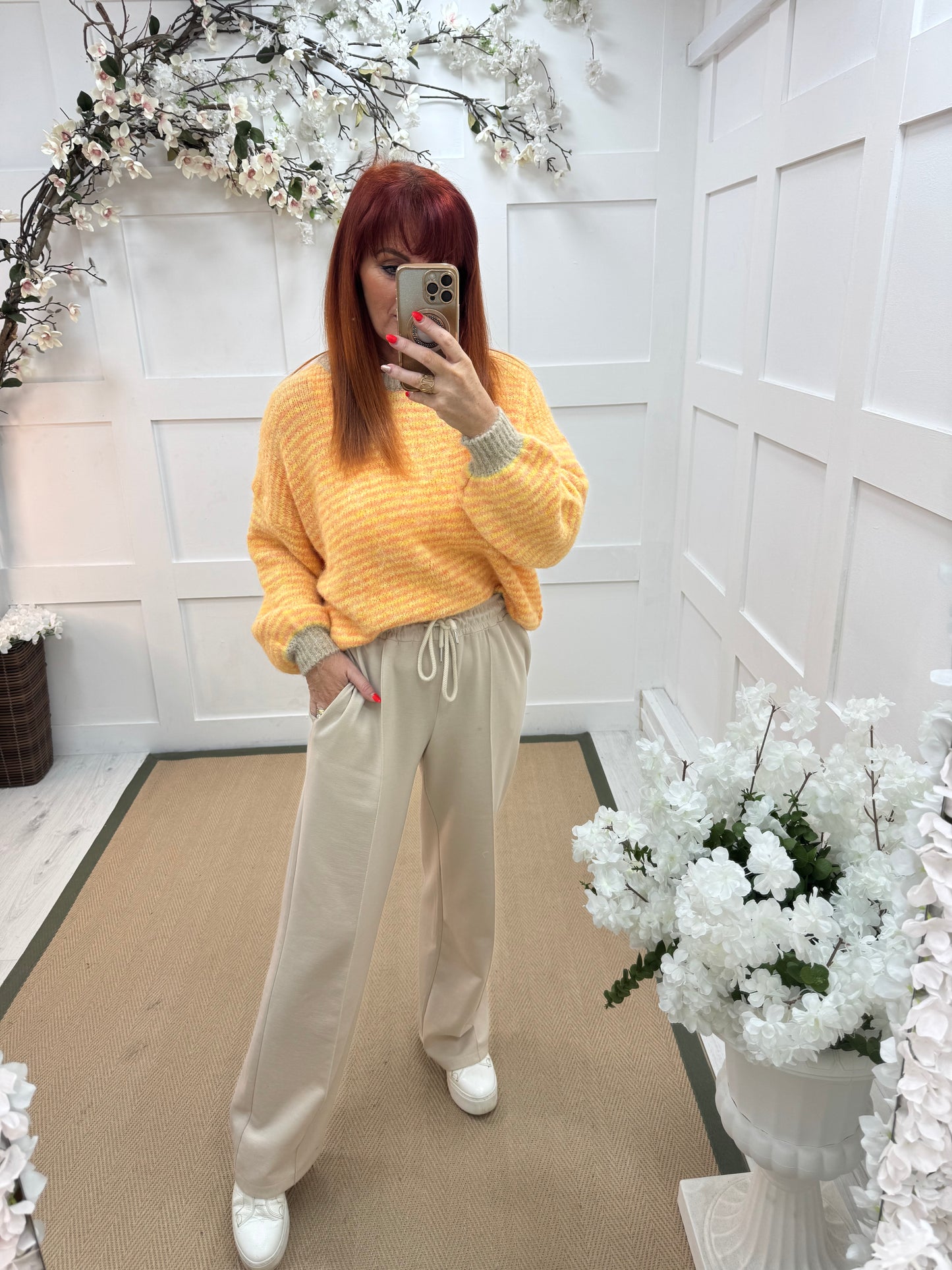 Trudy: Cream stretchy wide leg pocket trousers. 2 sizes