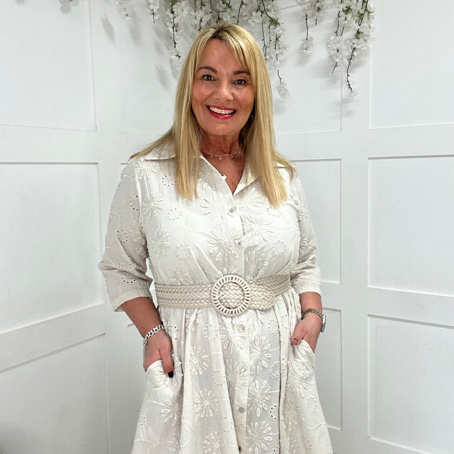 Adele: Cream embroidered pocket shirt dress. One size: 16-24