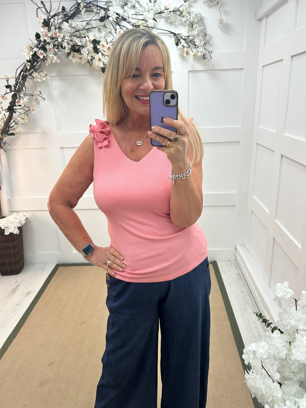 Ruthy: Salmon pink ruffle shoulder V neck vest top. One size: 10-16 ...