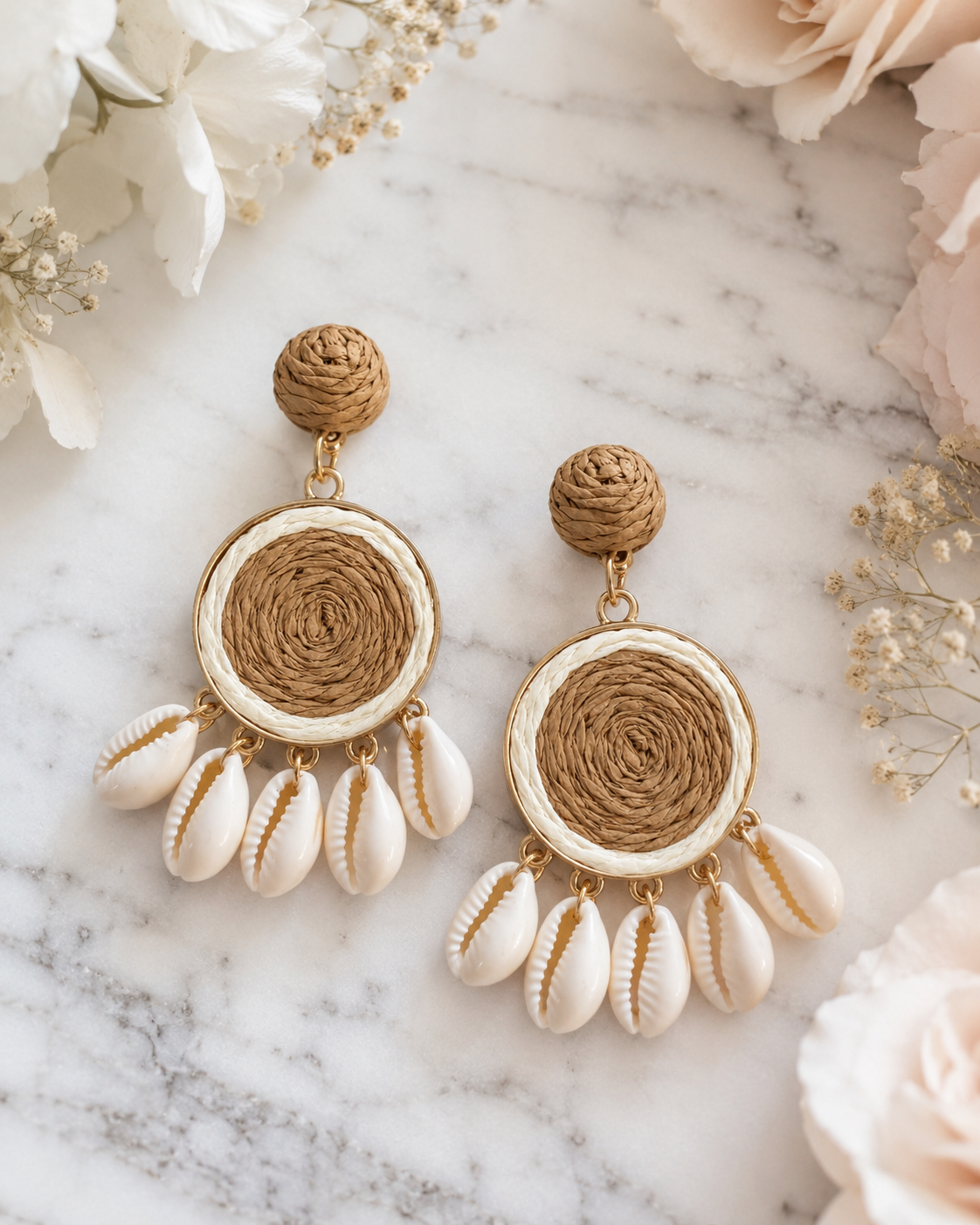 Bali: Large rope & shell drop earrings
