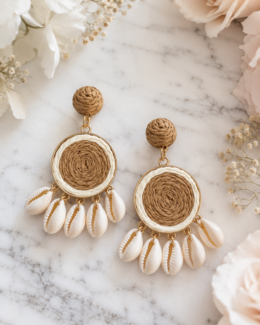 Bali: Large rope & shell drop earrings