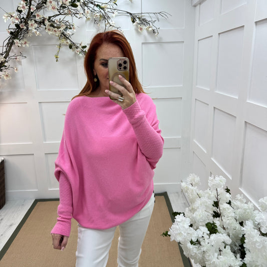 Erica: Pink asymmetrical slouch soft knit top. One size 10-18