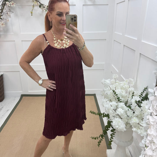 Thea: Burgundy waffle beaded strappy dress. One size 14-20
