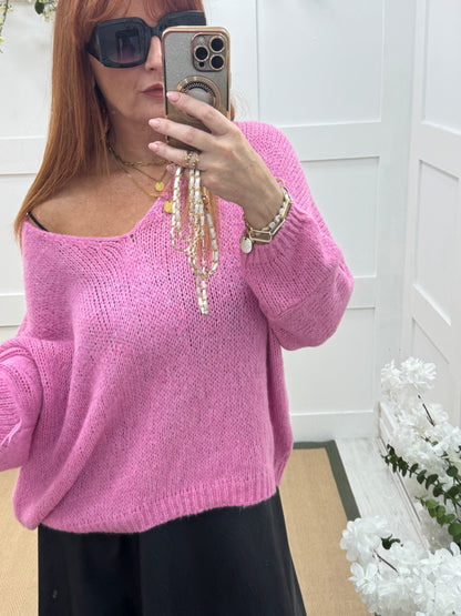 Alex: Bubblegum pink V neck knitted top. One size 14-20