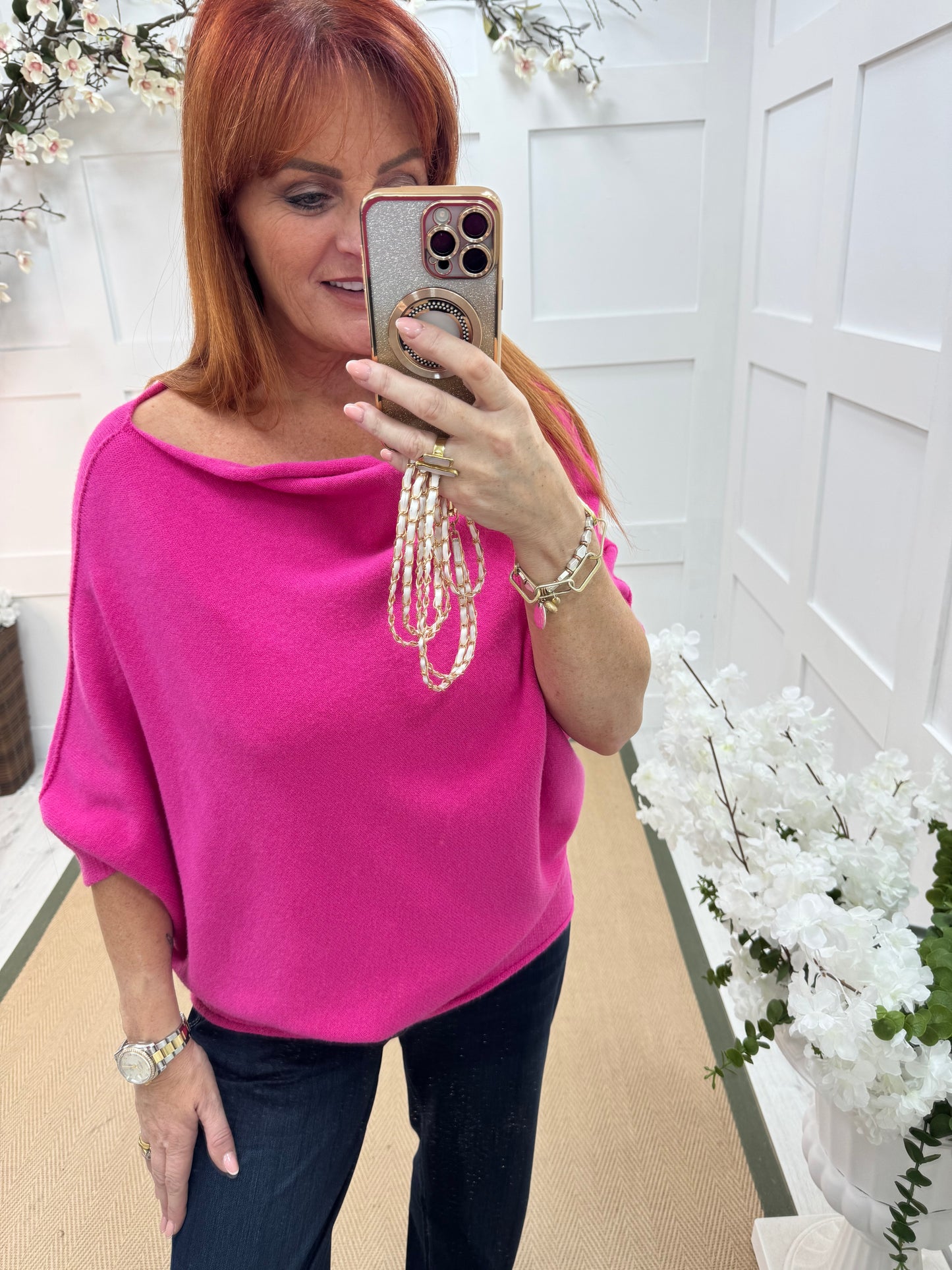 Samantha: Hot pink asymmetrical slouch top. One size 10-18