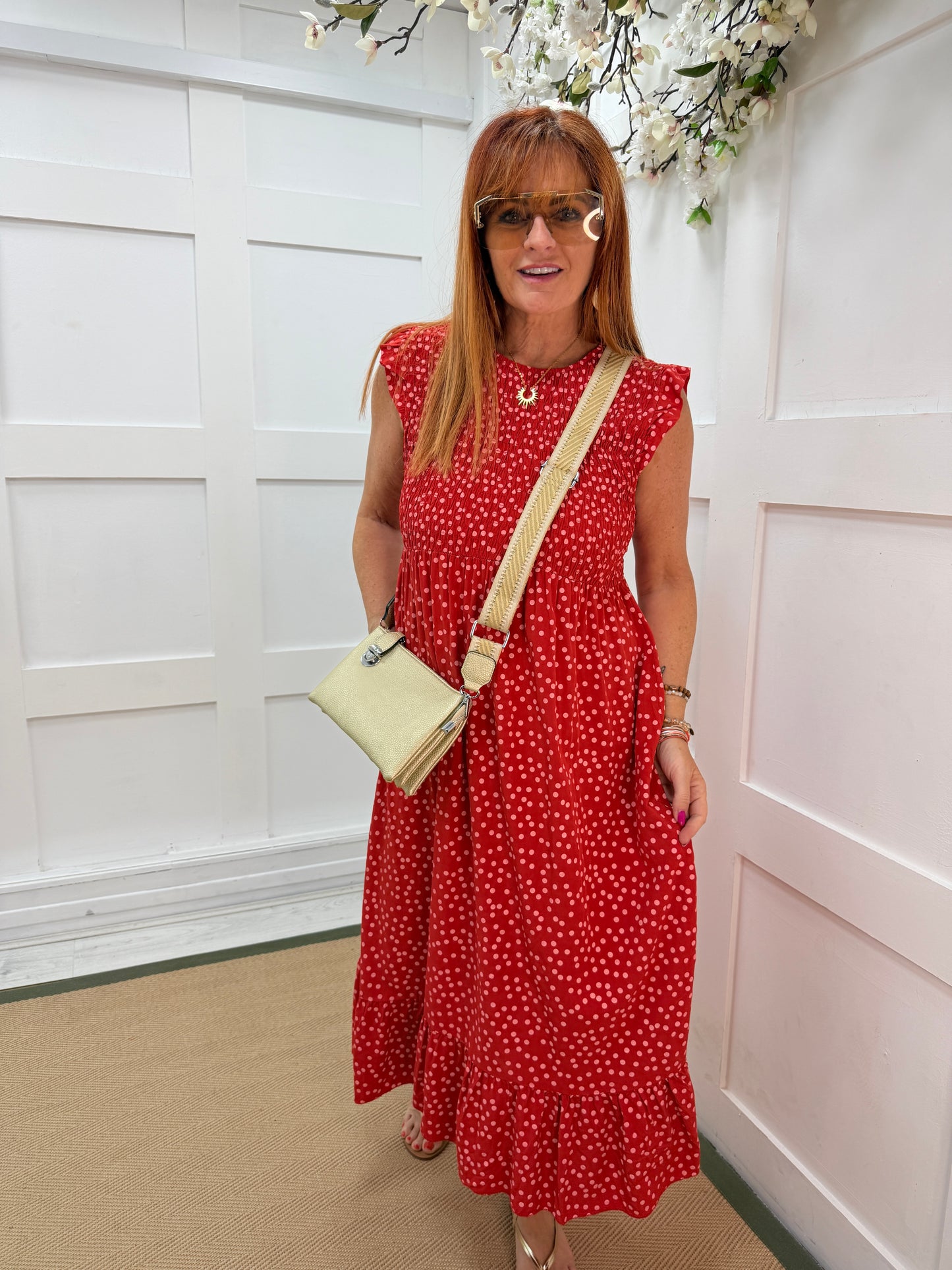Kitty: Spotty shirred midi dress. One size 10-16. Various colours