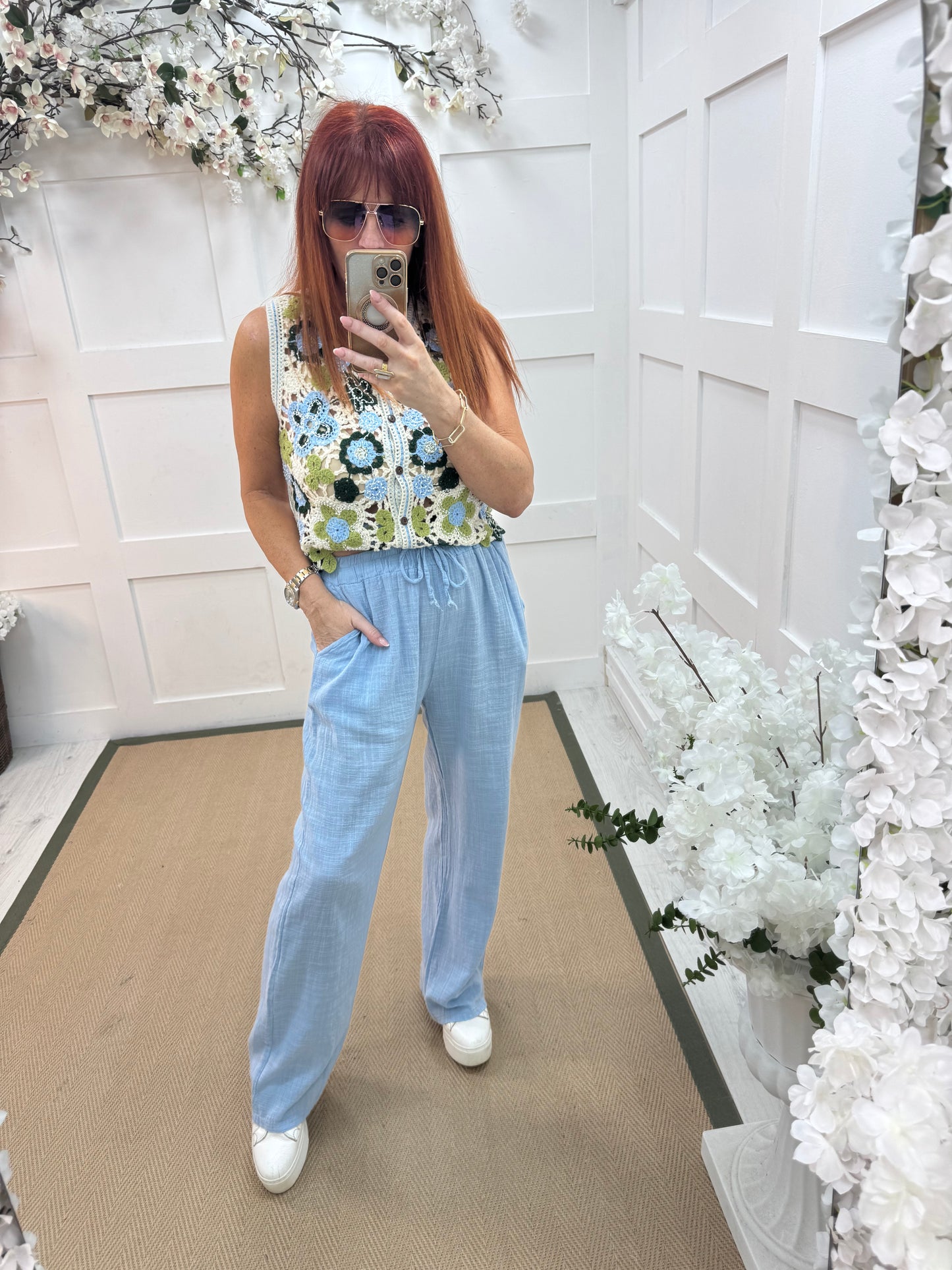 Tori: Soft blue cotton wide leg trousers. One size: 8-16