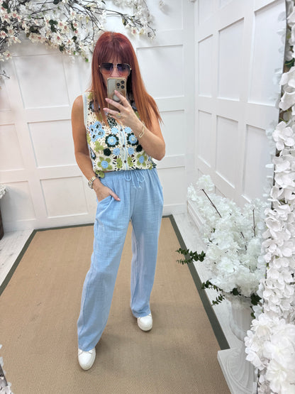 Tori: Soft blue cotton wide leg trousers. One size: 8-16