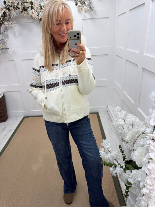 Fifi: Cream fur hooded knit cardigan. One size: 12-16