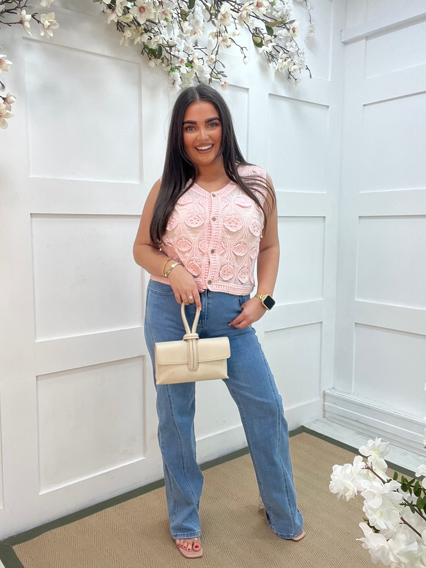 Rosie: Pink floral embroidered waistcoat top. One size: 10-14