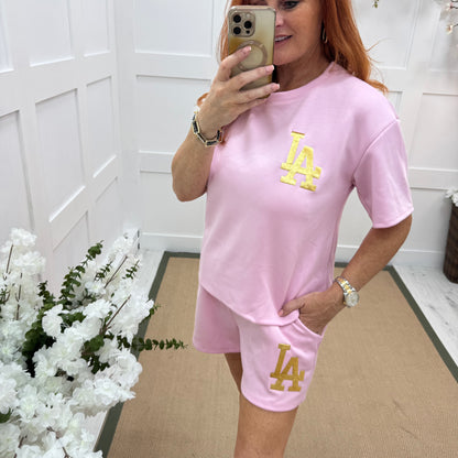 Teagan: Pink & gold LA loungewear shorts set. One size: 8-16