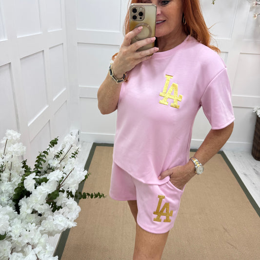 Teagan: Pink & gold LA loungewear shorts set. One size: 8-16