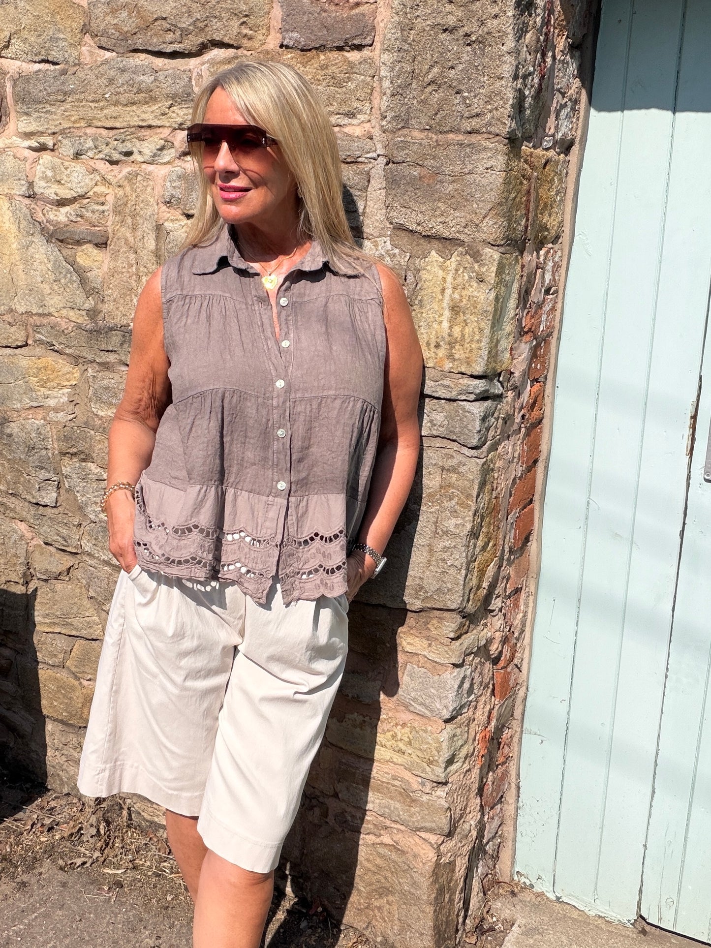 Rosa: Linen embroidered shirt top. One size: 12-16. 4 colours