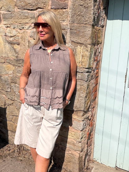 Rosa: Linen embroidered shirt top. One size: 12-16. 4 colours