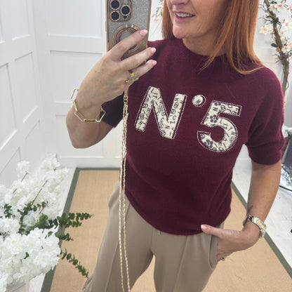 Chantelle: Burgundy No 5 logo knit top. One size: 10-16