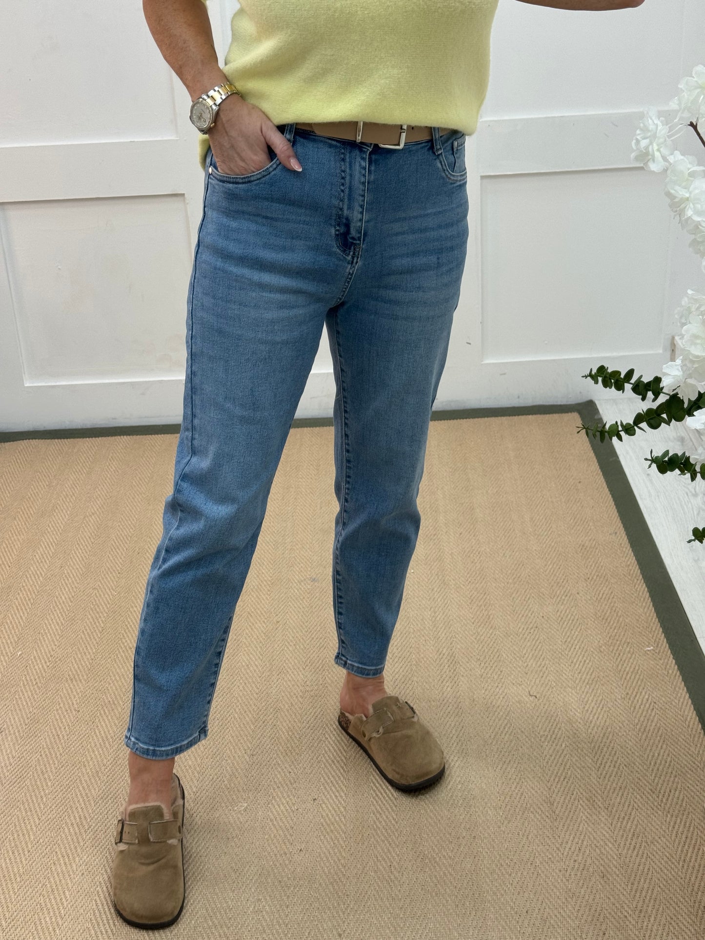 Devon: Light blue belted balloon jeans. Sizes: 8-16